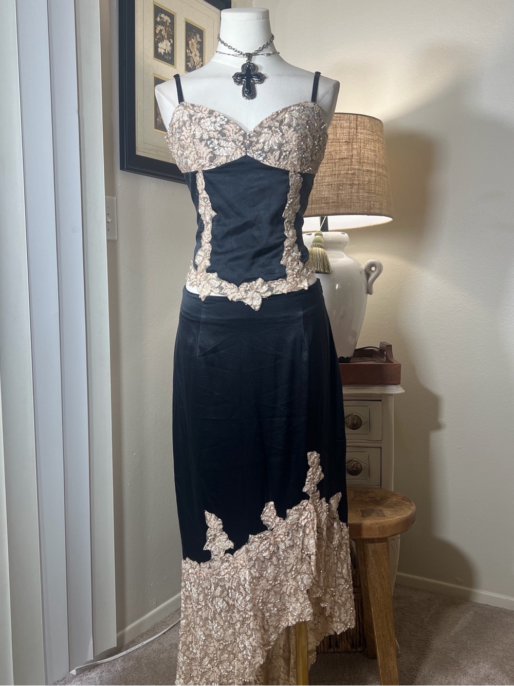 Cache Black and Champagne Silk Lace Beaded Set